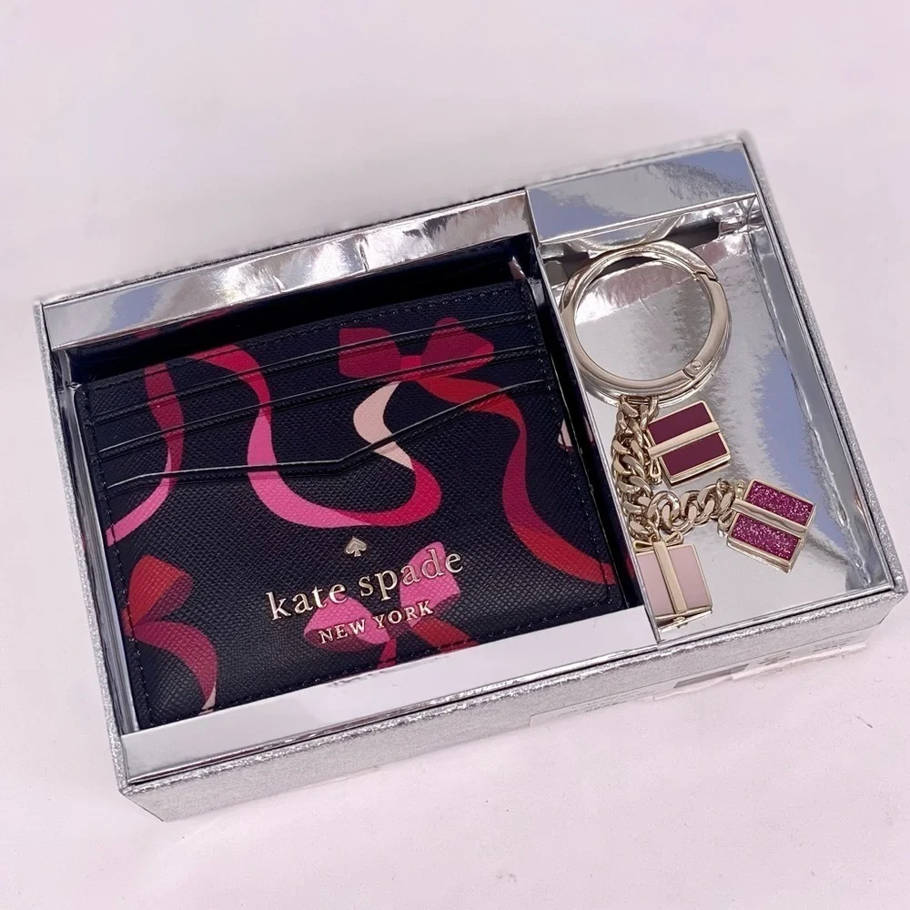 Kate Spade Staci Boxed Card Holder Small Wallet And Key Fob Ribbon Print